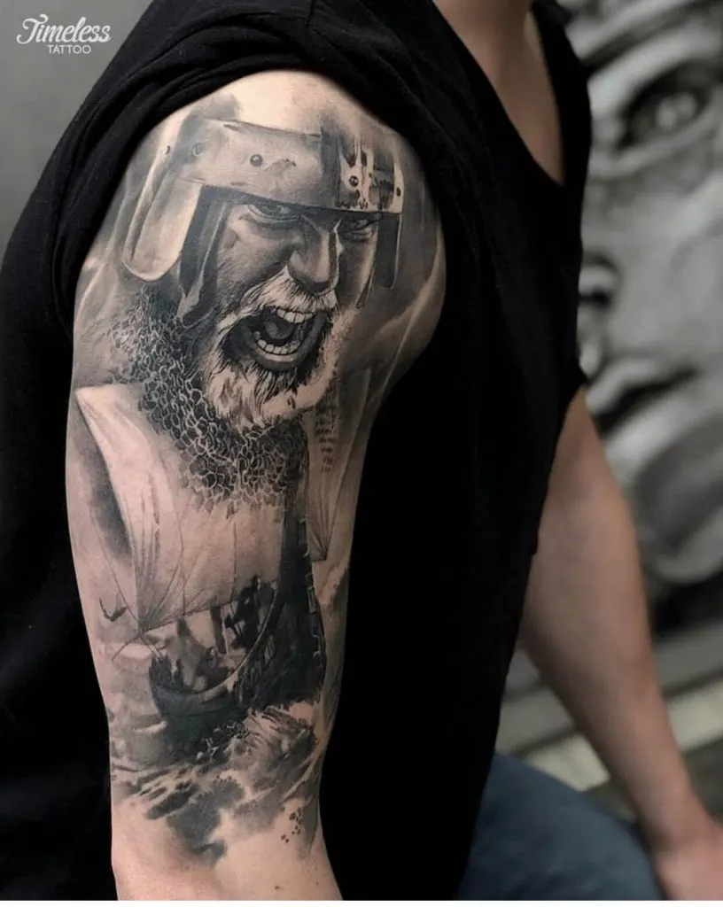 Viking ship and warrior tattoo by Biex